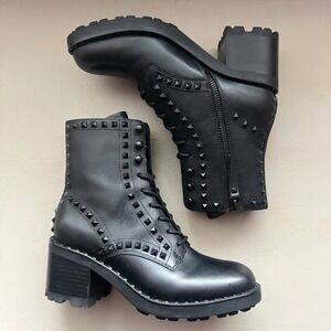 ASH Women 5 EU 35 Black Leather Studded Lace Up‎ Combat Boots Block Heel Grunge